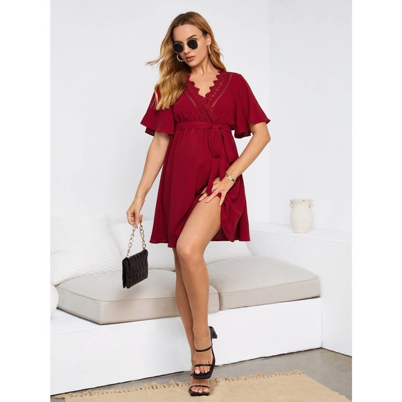 Maternity Contrast Lace v neck short sleeve Belted mini Dress red - Picture 4 of 8